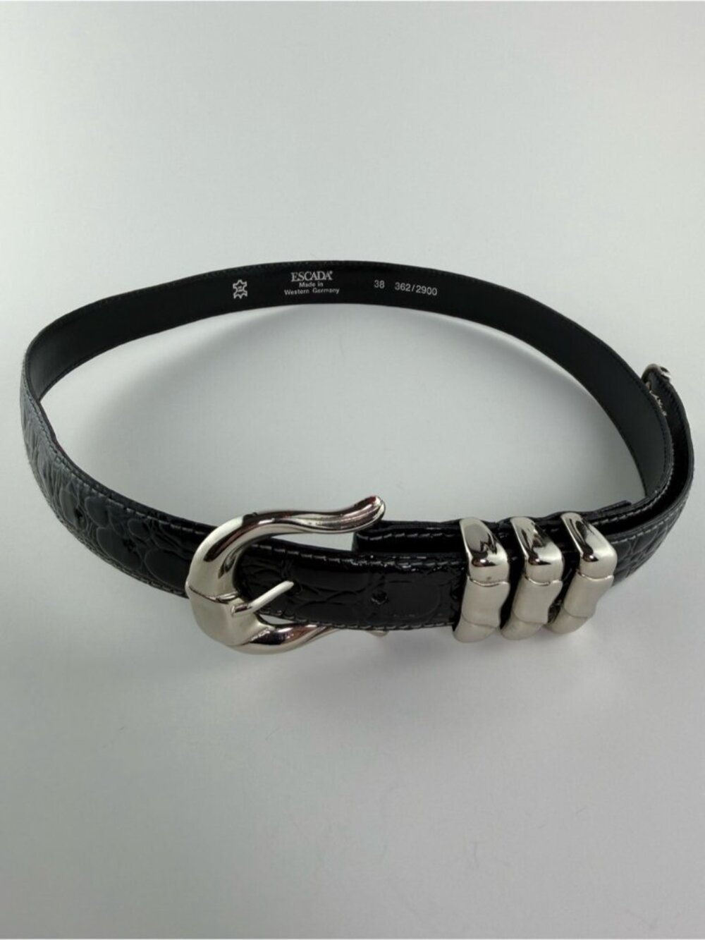 Escada Croc Embossed Patent Leather Belt Size 38 Small Black Silver Vintage 80s - Picture 2 of 7
